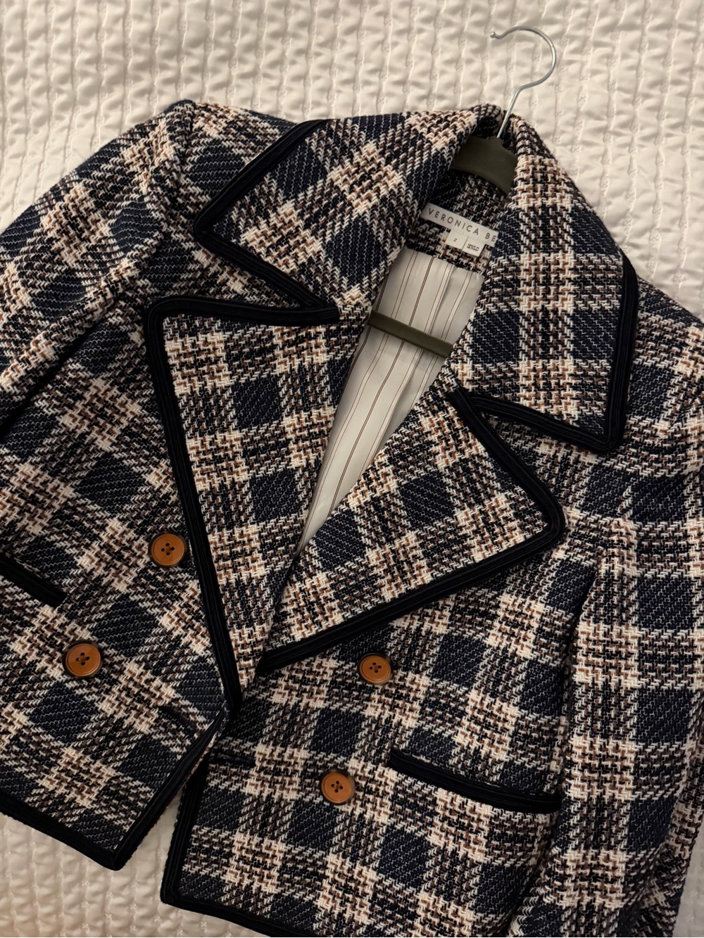 Veronica Beard Navy and Cream Plaid Double-Breasted Blazer with Black Trim